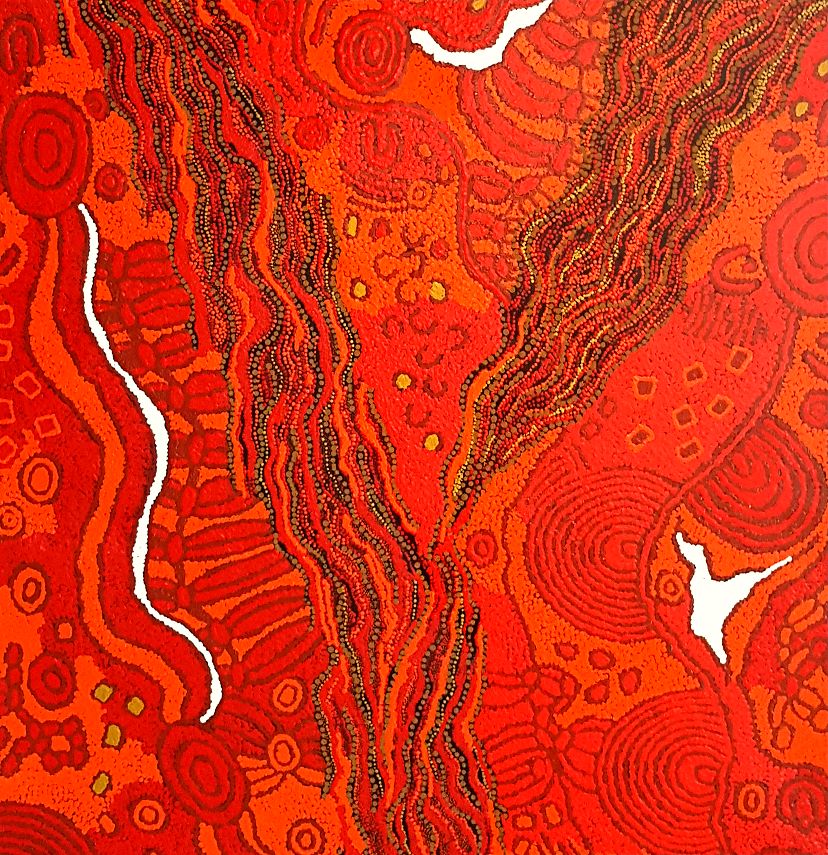 Colorful rainbow serpent painting by Australian aborigimal artist Evelyn Pultara 